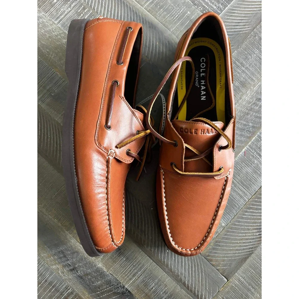 Cole Haan Grand+ Mens 11 British Tan Leather Boat Shoes C42132 Moc Toe Loafers
